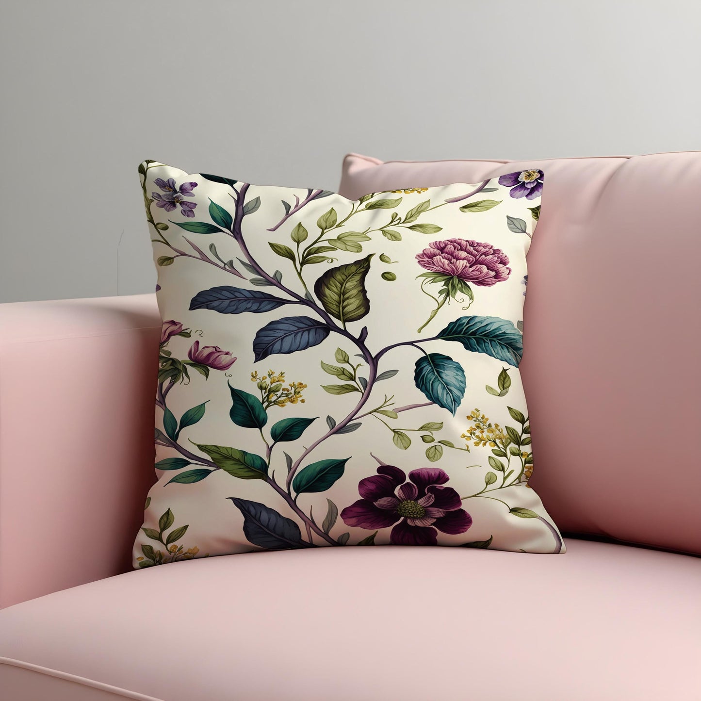 Botanical Cushion Cover, Plum & Green Floral Print Pillow Case