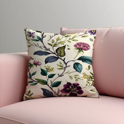 Botanical Cushion Cover, Plum & Green Floral Print Pillow Case