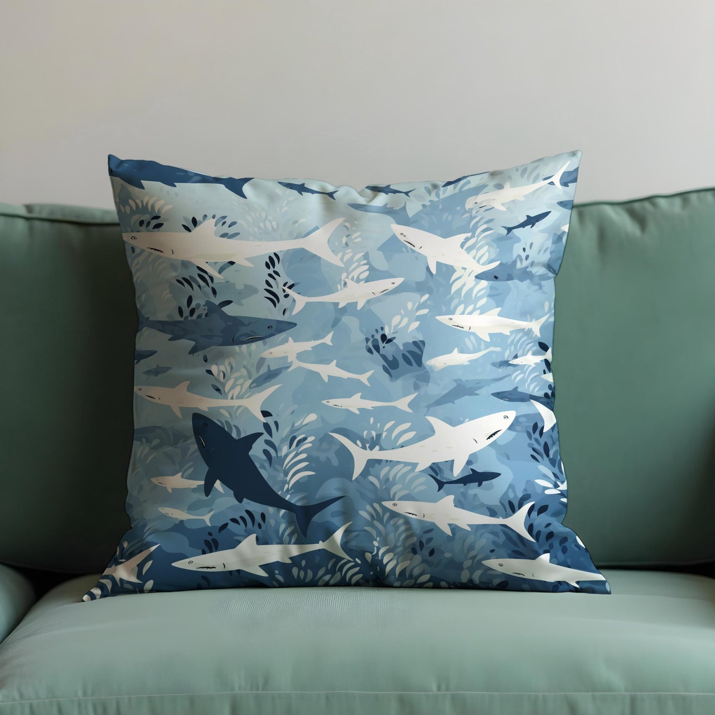 Ocean Shark Cushion Cover, Blue & White Underwater Throw Pillow Case