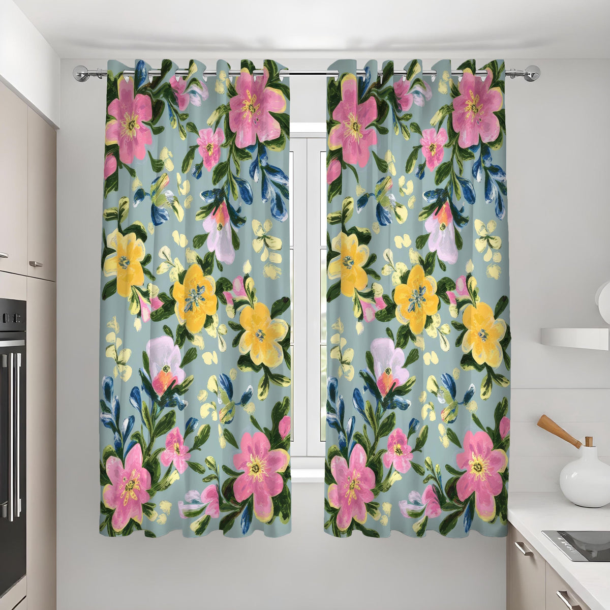 Yellow & Pink Watercolor Floral Curtains, Botanical Drapes