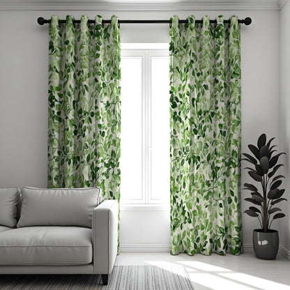Green Leaf Botanical Curtains, Tropical Print Custom Drapes