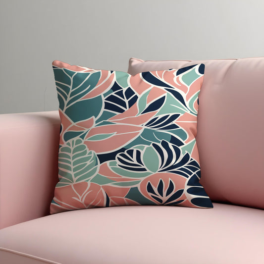 Tropical Leaf Cushion Cover, Bold Coral & Mint Botanical Pillowcase