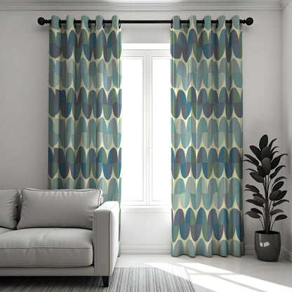Teal & Olive Retro Oval Curtains, Mid Century Drapes