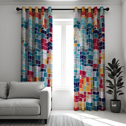 Colorful Grid Curtains, Art Deco Geometric Window Drapes