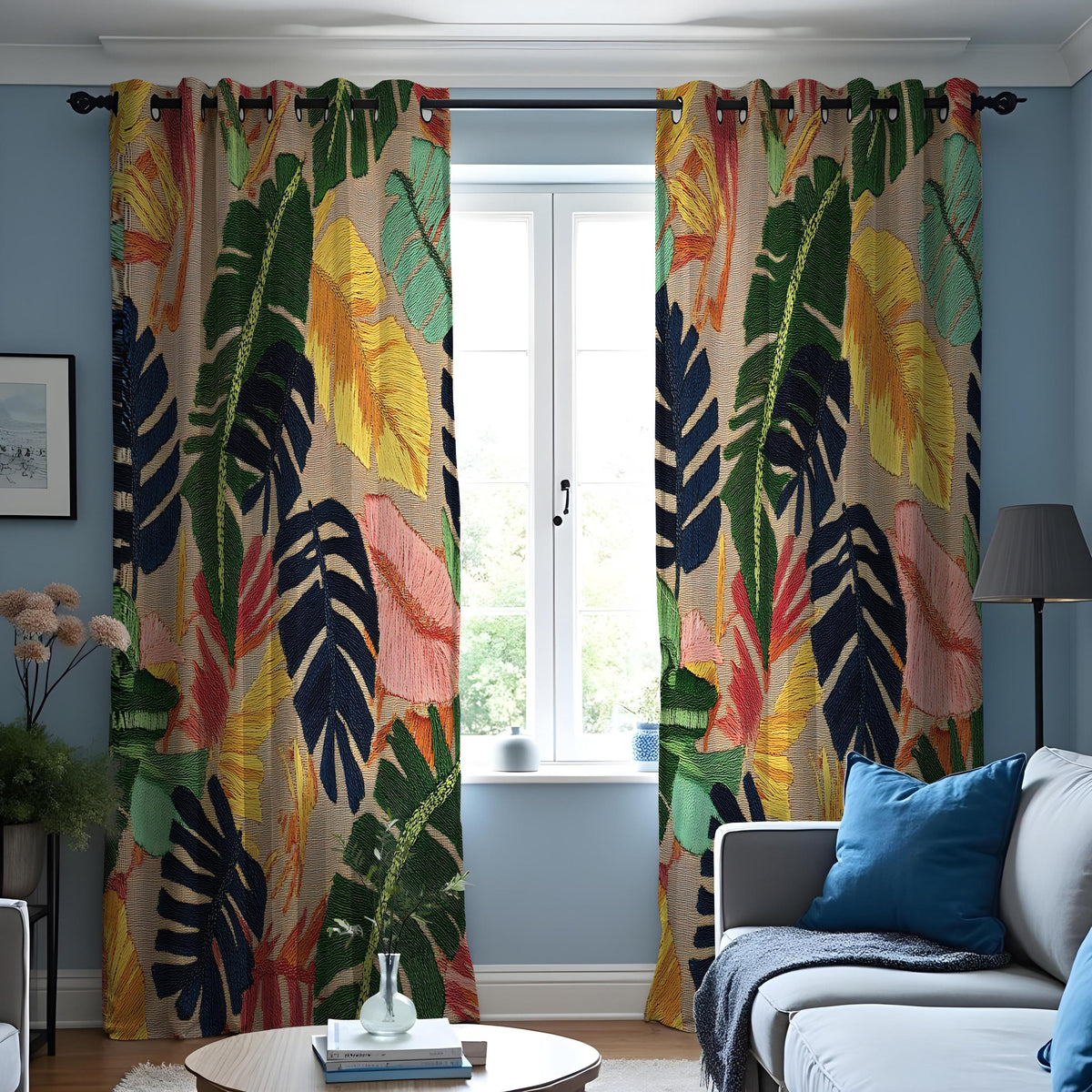 Multicolour Tropical Leaf Curtains, Jungle Foliage Drapes
