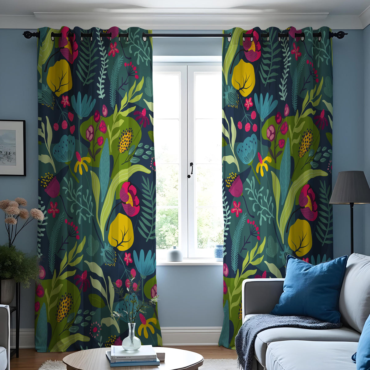Teal Tropical Botanical Curtains, Jungle Leaf Floral Drapes