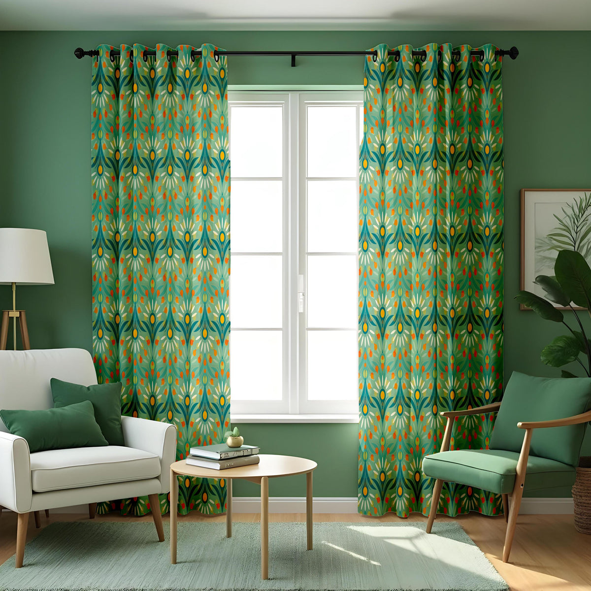 Teal & Orange Retro Leaf Curtains, Mid Century Drapes
