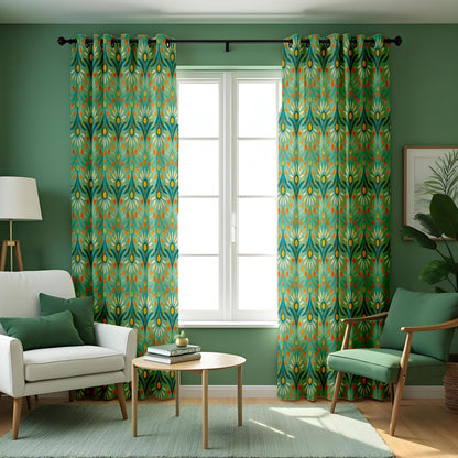 Teal & Orange Retro Leaf Curtains, Mid Century Drapes