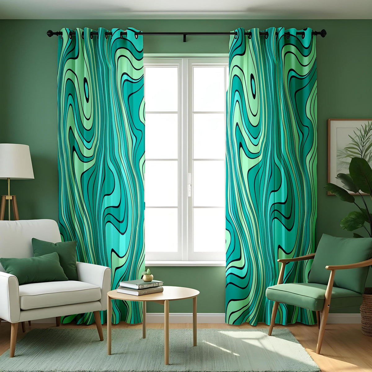 Turquoise Wavy Curtains, Aqua Green Abstract Pattern Drapes
