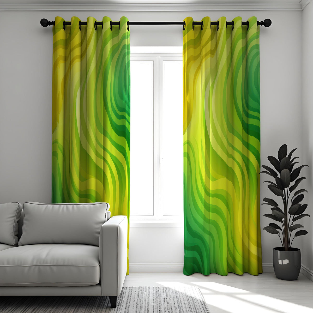 Green Yellow Wave Curtains, Modern Abstract Window Drapes