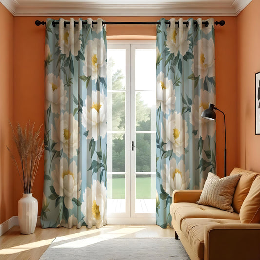 Blue and White Floral Curtains, Big Bloom Botanical Drapes