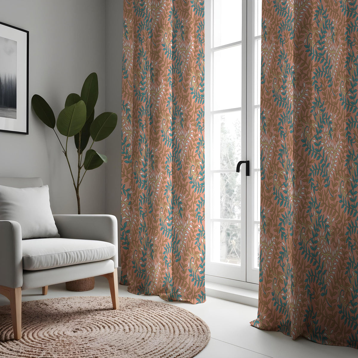 Rust Orange & Teal Leaf Curtains, Soft Botanical Drapes