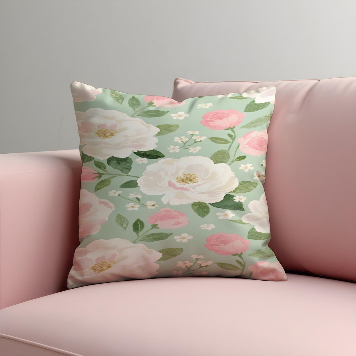 Watercolour Rose Cushion Cover, Sage Green Pillow Case