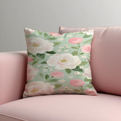 Watercolour Rose Cushion Cover, Sage Green Pillow Case