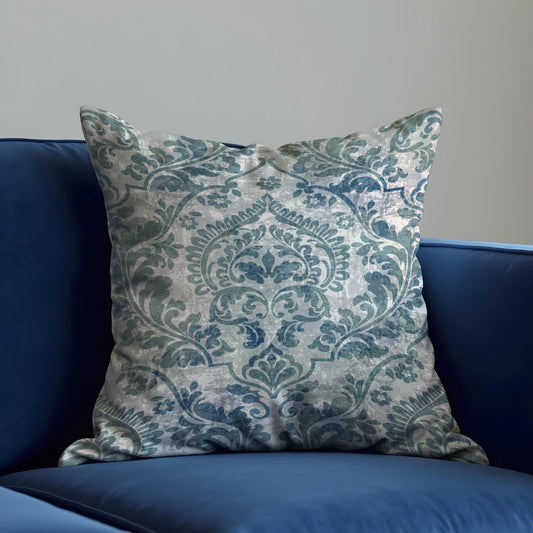 Blue Damask Cushion Cover, Classic Ornamental Throw Pillow Cover