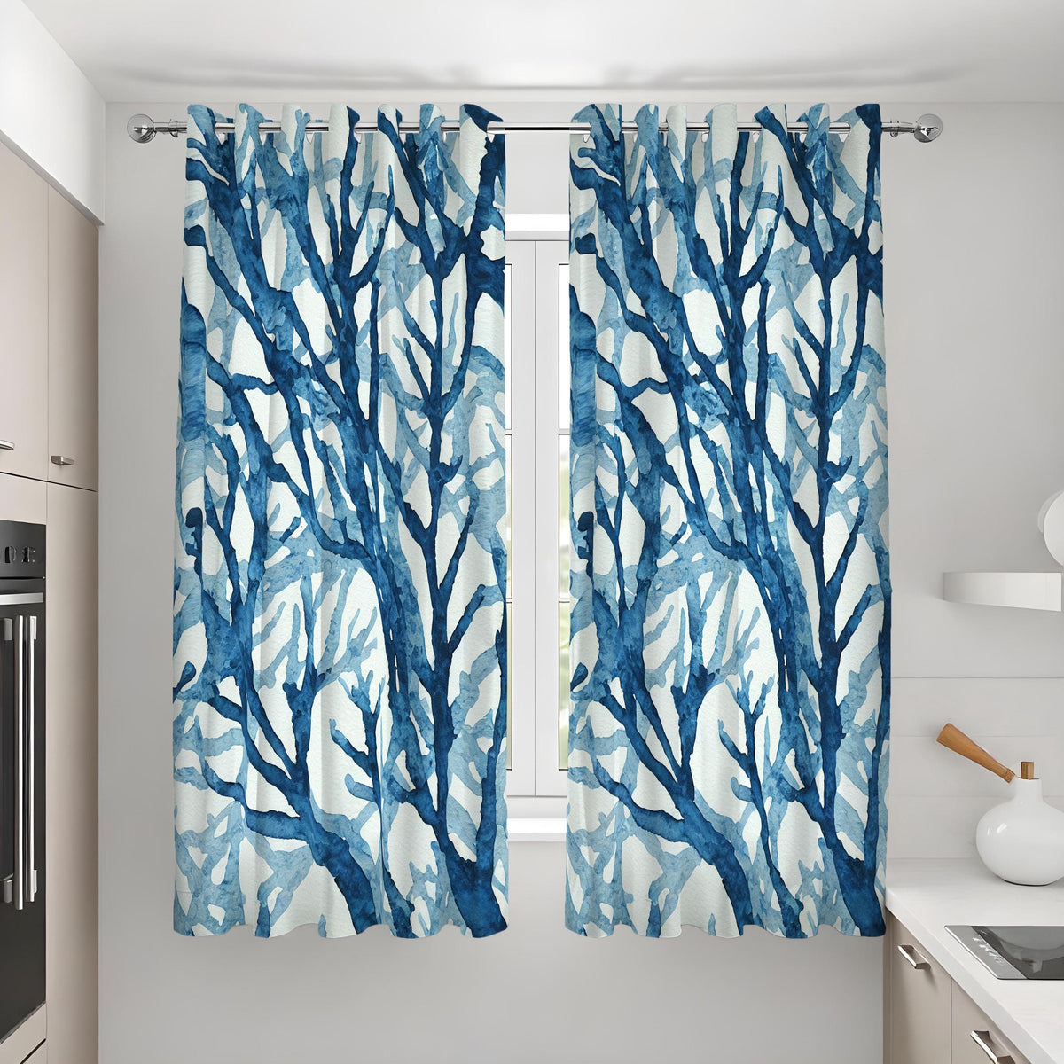 Blue Watercolor Tree Branch Curtains, Forest Botanical Drapes