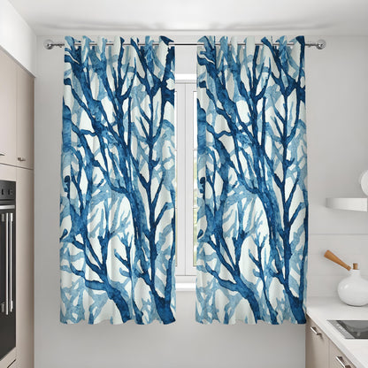 Blue Watercolor Tree Branch Curtains, Forest Botanical Drapes