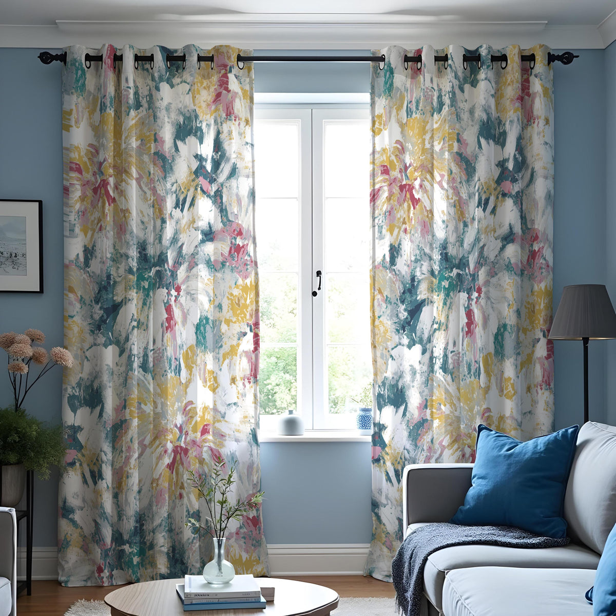 Blue Pink Yellow Watercolor Floral Curtains, Abstract Drapes