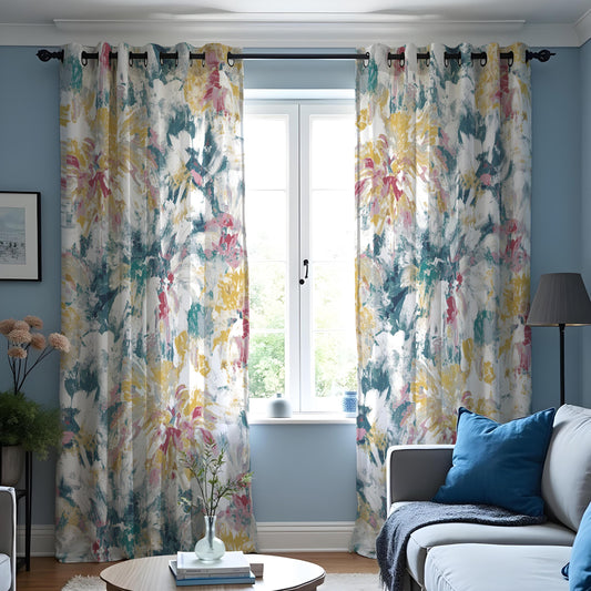 Blue Pink Yellow Watercolor Floral Curtains, Abstract Drapes