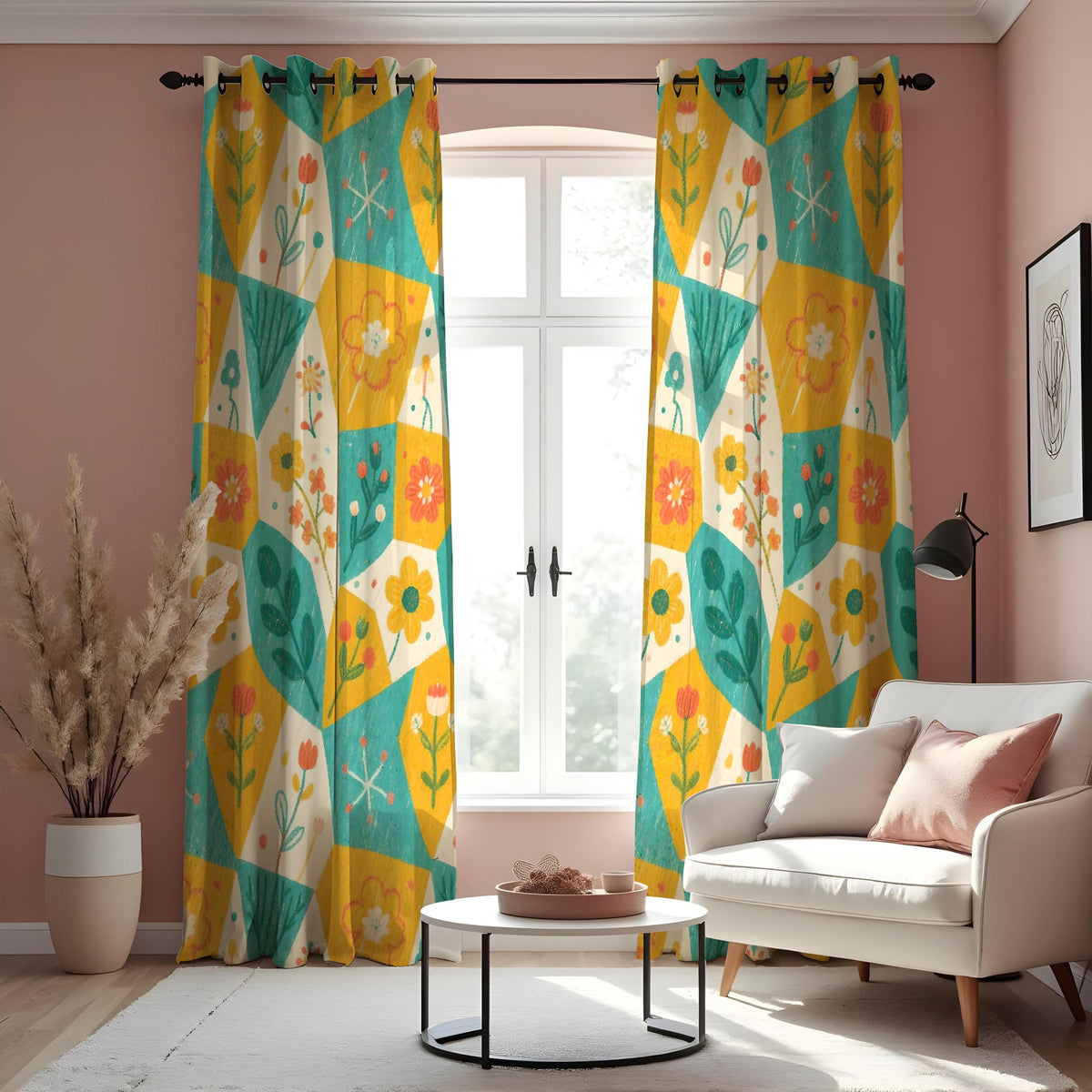 Yellow Teal Retro Floral Curtains, Geometric Flower Drapes