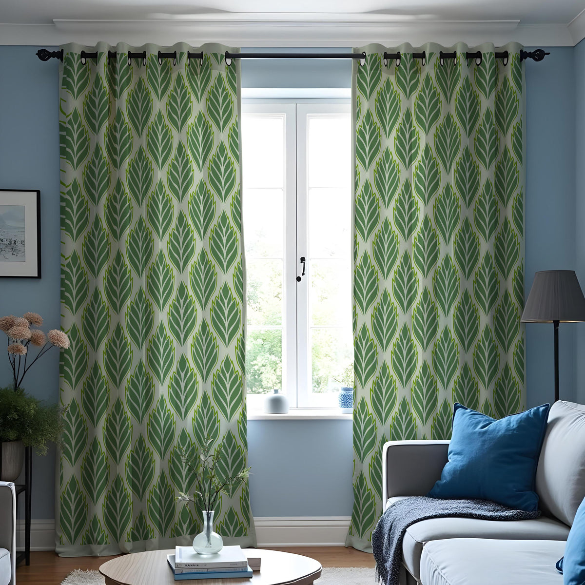 Green Leaf Pattern Curtains, Modern Botanical Custom Drapes