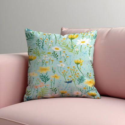 Floral Meadow Cushion Cover, Light Blue Throw Pillow Case