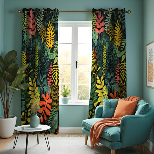 Colorful Tropical Leaf Curtains, Jungle Botanical Drapes
