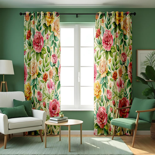 Pink & Yellow Rose Floral Curtains, Cottage Garden Drapes