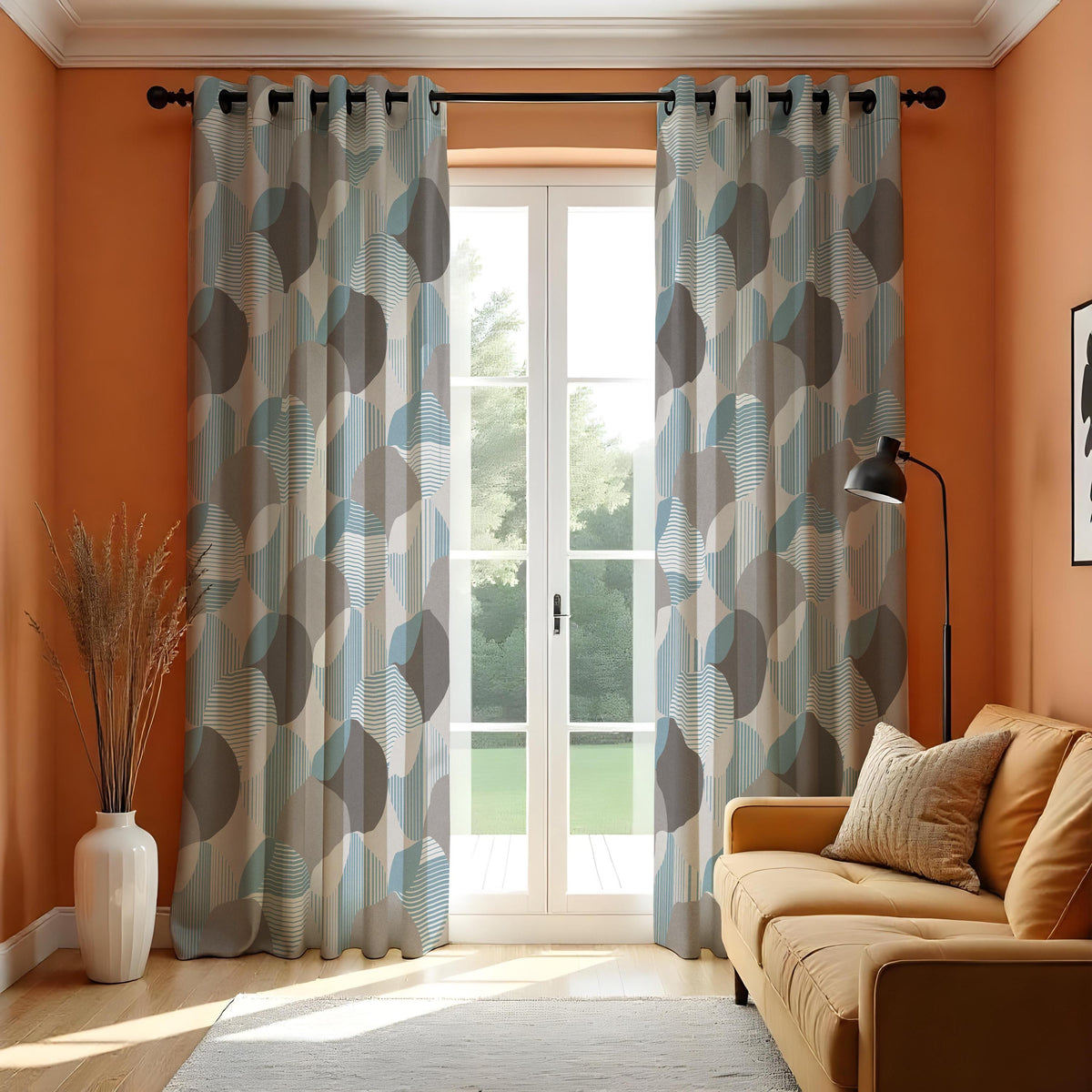 Blue Grey Geometric Curtains, Abstract Made to Measure Drapes