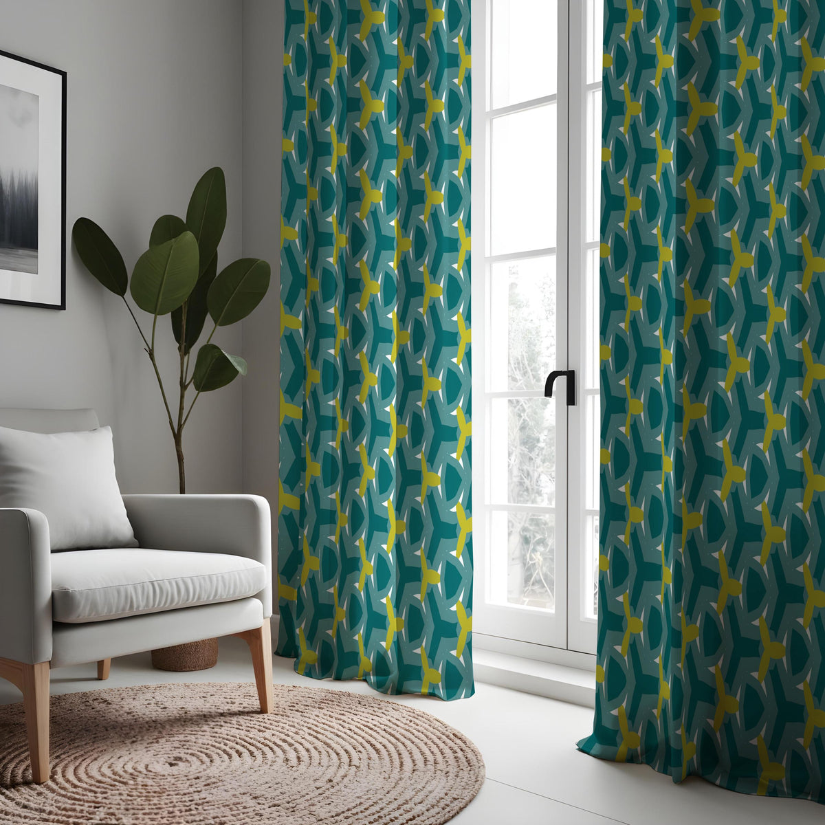 Teal Retro Geometric Curtains, Mid Century Modern Drapes