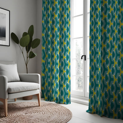 Teal Retro Geometric Curtains, Mid Century Modern Drapes
