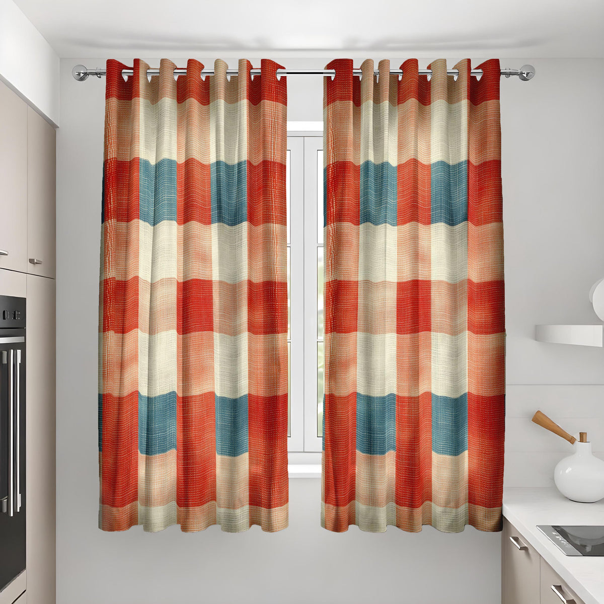 Rustic Earth Tone Striped Curtains, Checkered Boho Drapes