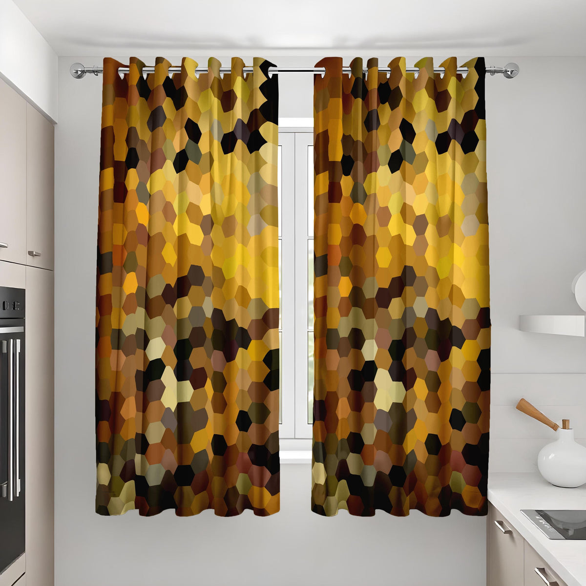 Brown Yellow Hexagon Curtains, Modern Geometric Drapes