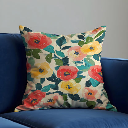 Floral Cushion Cover, Red and Yellow Poppy Flowers Pillow Case