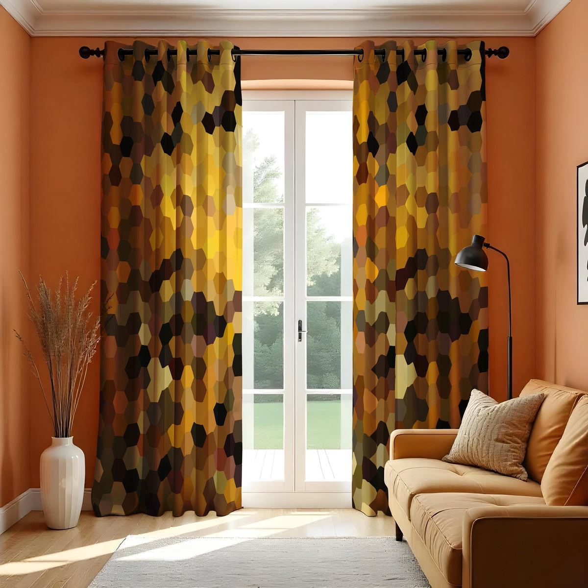 Brown Yellow Hexagon Curtains, Modern Geometric Drapes