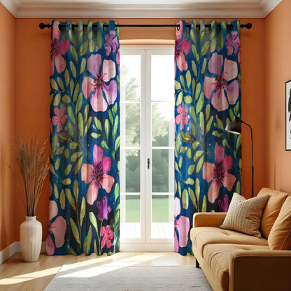 Navy Pink Watercolor Floral Curtains, Botanical Drapes