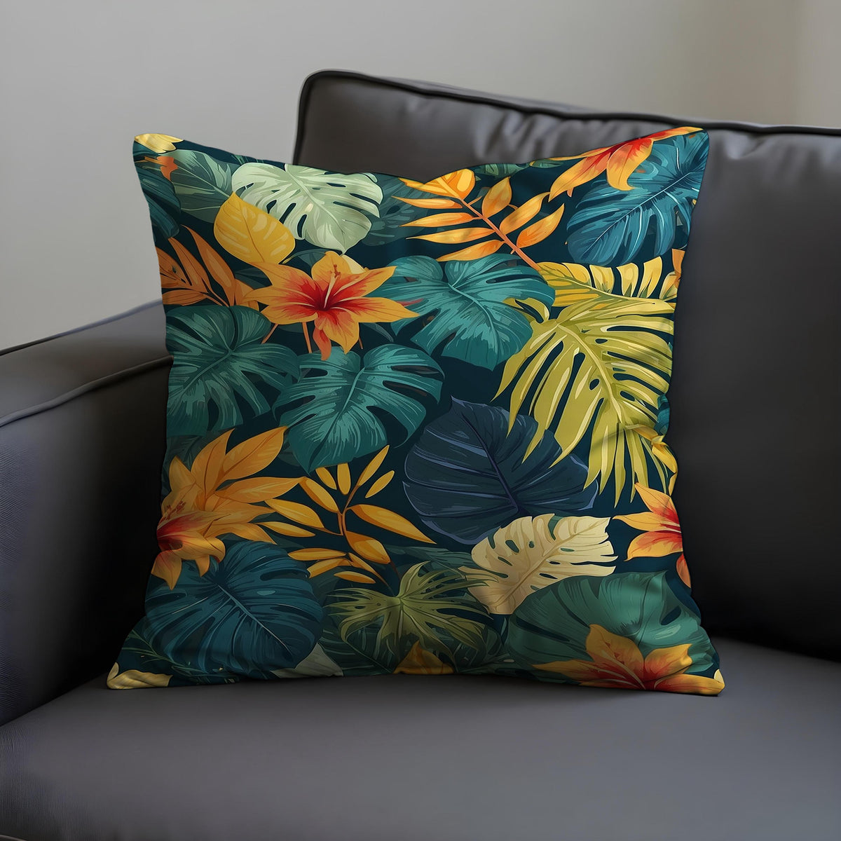 Dark Tropical Leaf Cushion Cover, Jungle Pillow Case