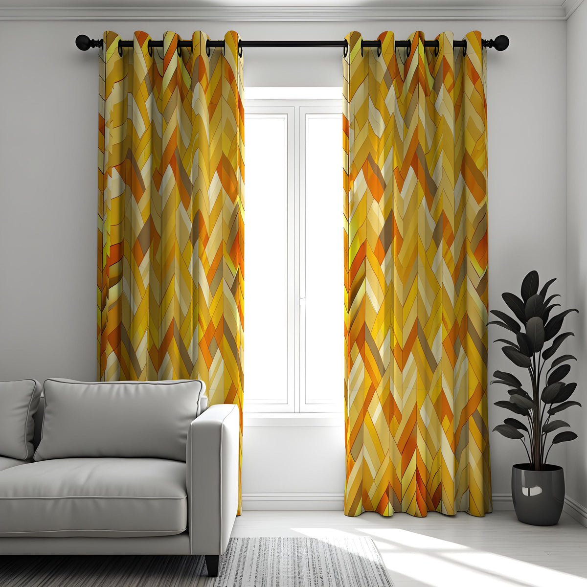 Yellow Orange Chevron Curtains, Retro Geometric Drapes
