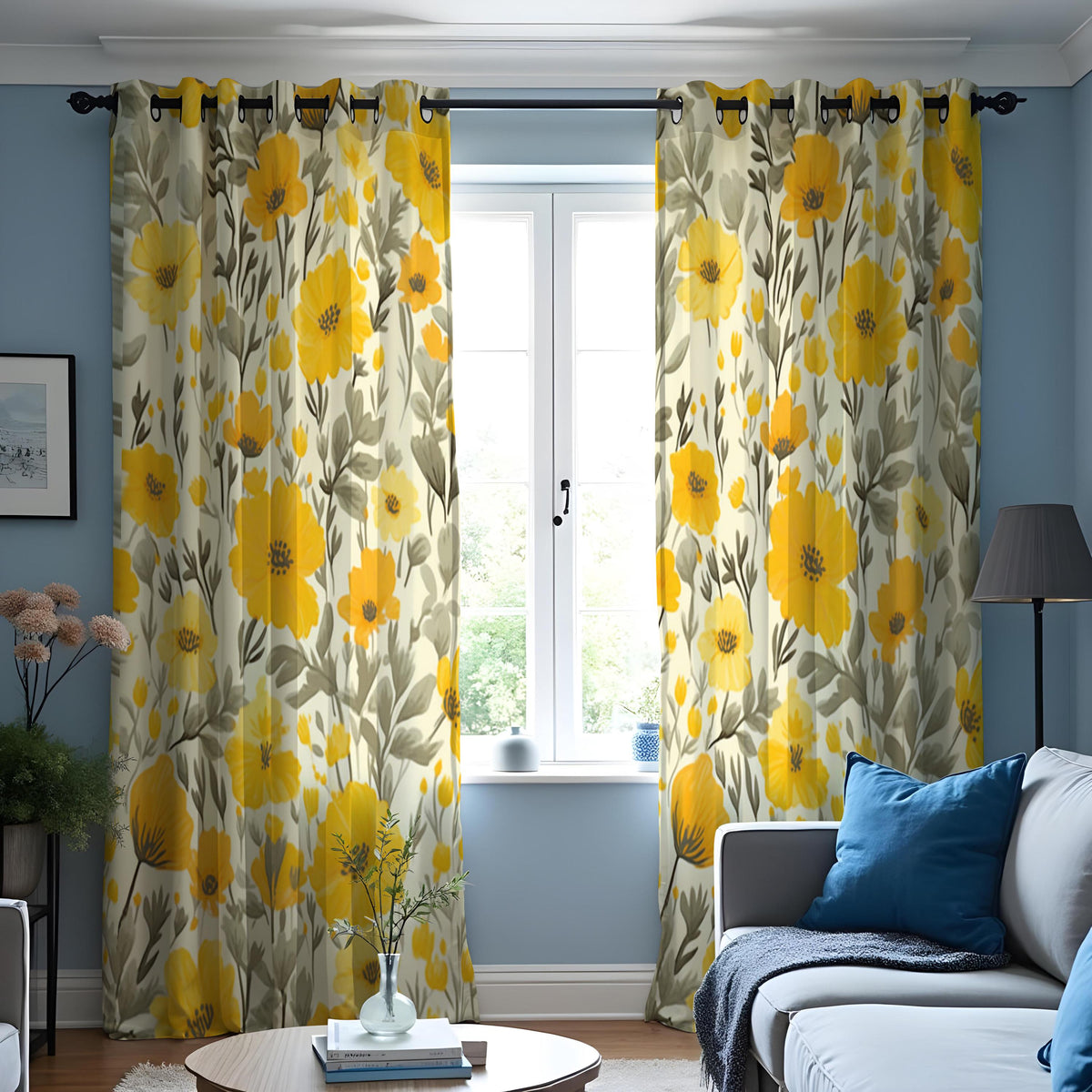 Yellow Poppy Floral Curtains, Mustard & Grey Botanical Drapes