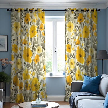 Yellow Poppy Floral Curtains, Mustard & Grey Botanical Drapes