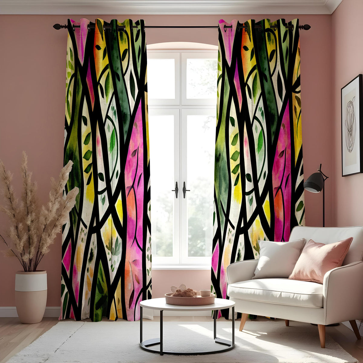 Stained Glass Forest Curtains, Colorful Tree & Leaf Drapes