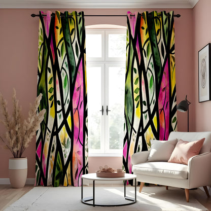 Stained Glass Forest Curtains, Colorful Tree & Leaf Drapes