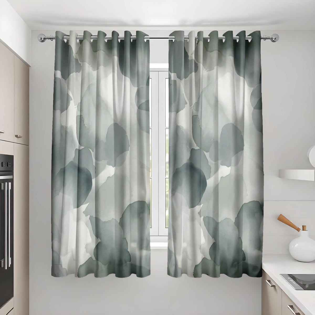 Grey Watercolor Abstract Curtains, Neutral Minimalist Drapes