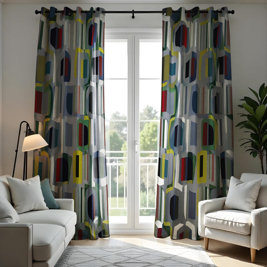 Mid Century Modern Geometric Curtains, Retro Window Drapes
