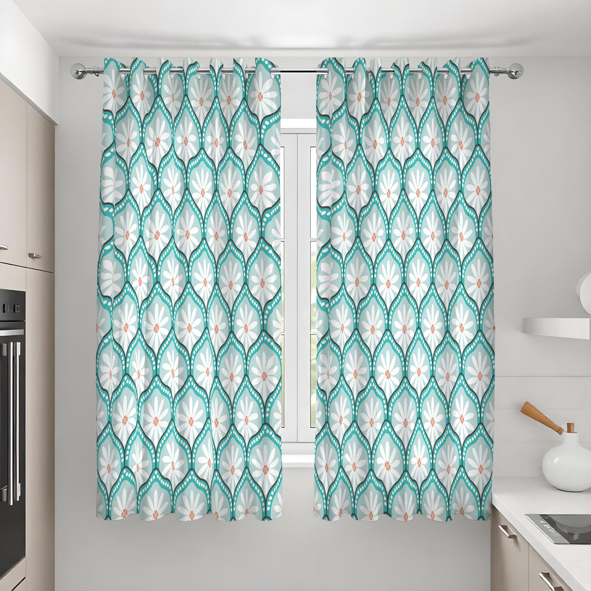 Teal Retro Daisy Curtains, Geometric Floral Window Drapes