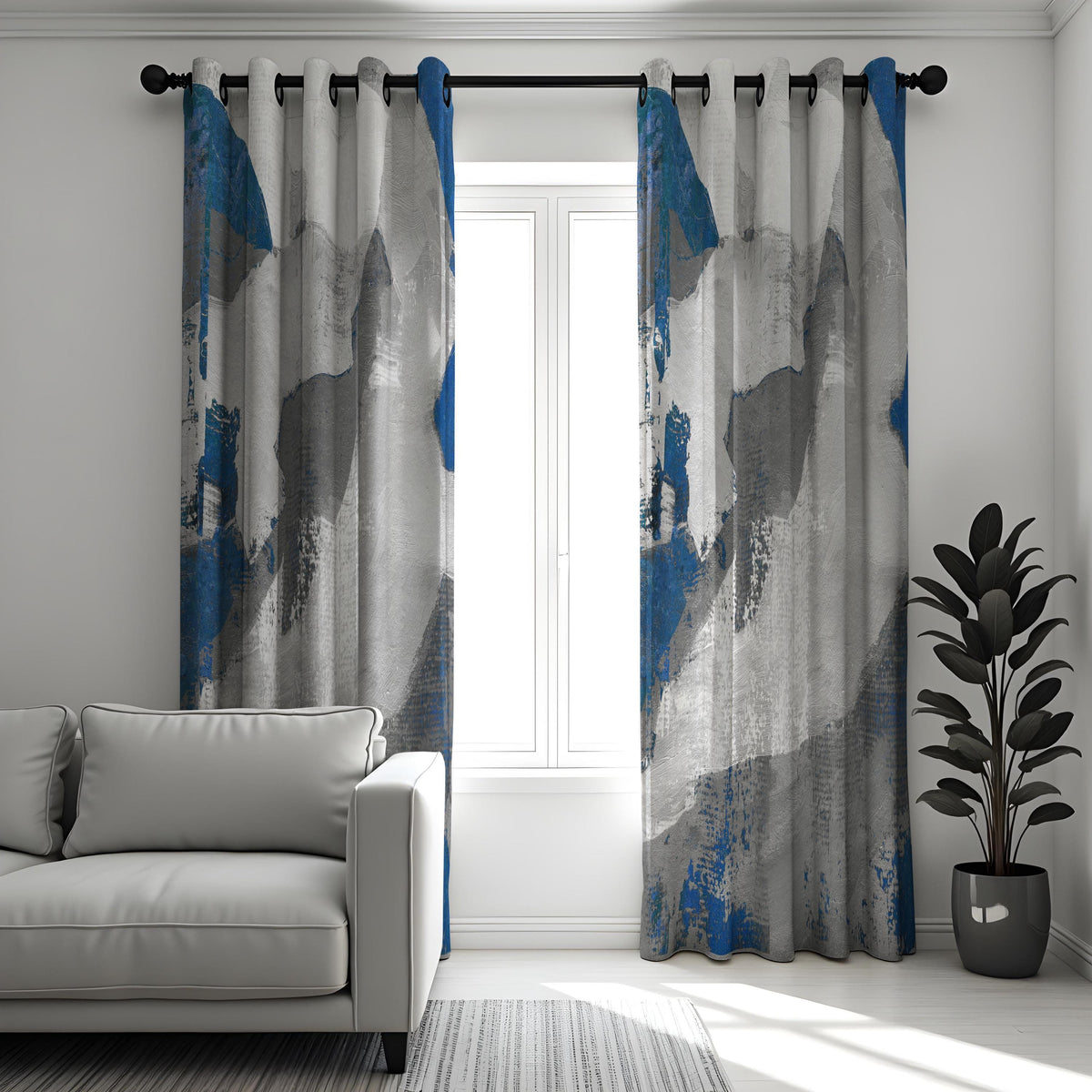 Grey and Blue Brushstroke Curtains, Abstract Art Drapes