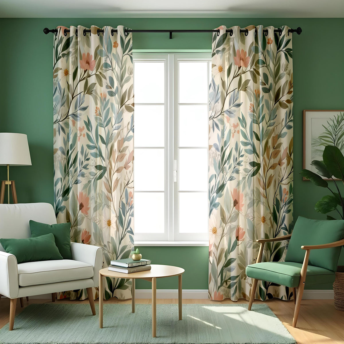 Soft Pastel Botanical Curtains, Leaf & Flower Custom Drapes