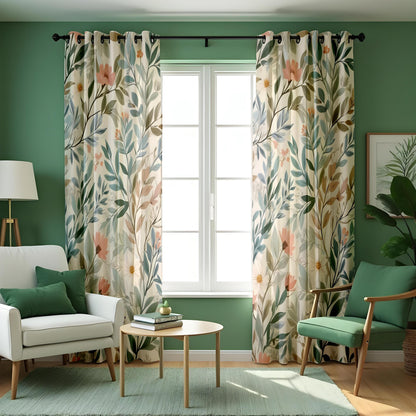 Soft Pastel Botanical Curtains, Leaf & Flower Custom Drapes
