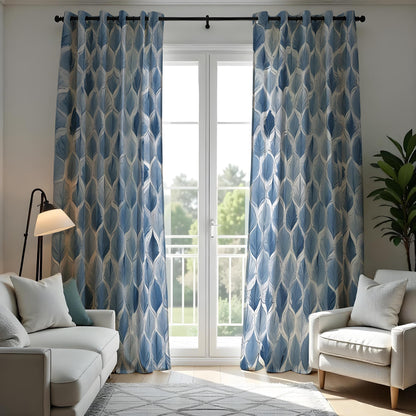 Blue Geometric Leaf Curtains, Modern Pattern Window Drapes