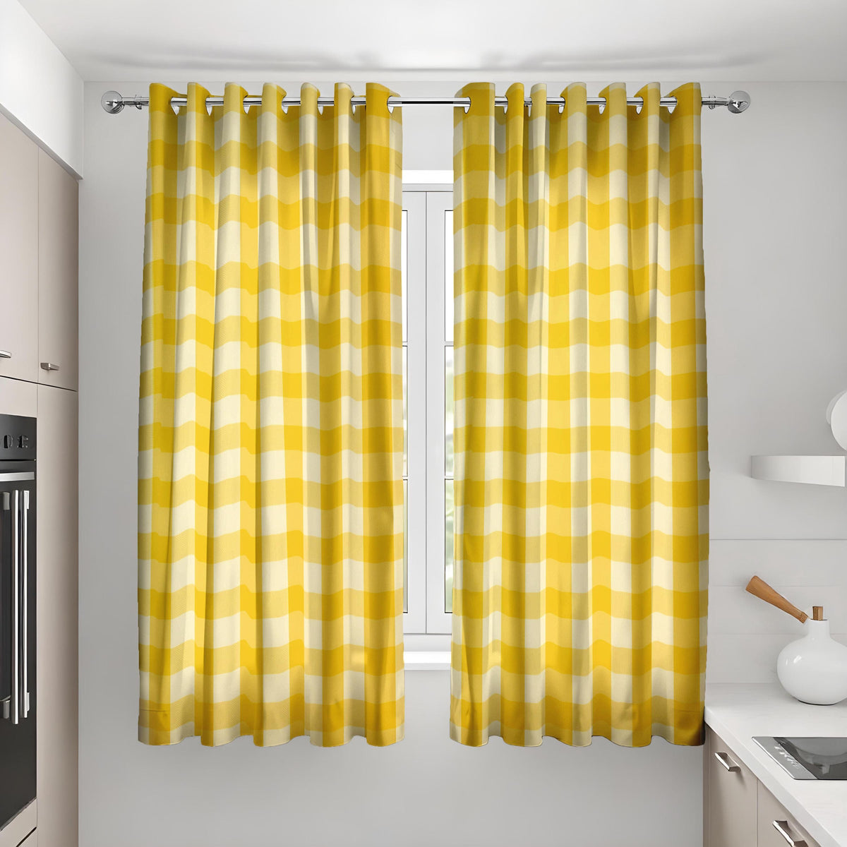 Yellow Gingham Check Curtains, Farmhouse Kitchen Drapes